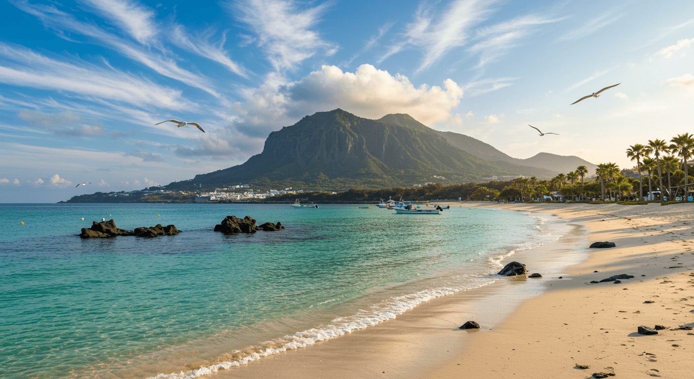 Pristine Jeju beach with crystal clear waters and Hallasan mountain backdrop