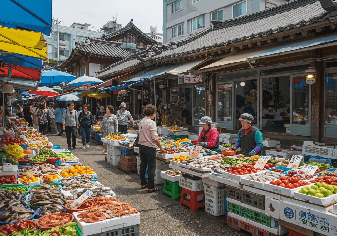 Traditional Jeju market with haenyeo women and local specialties